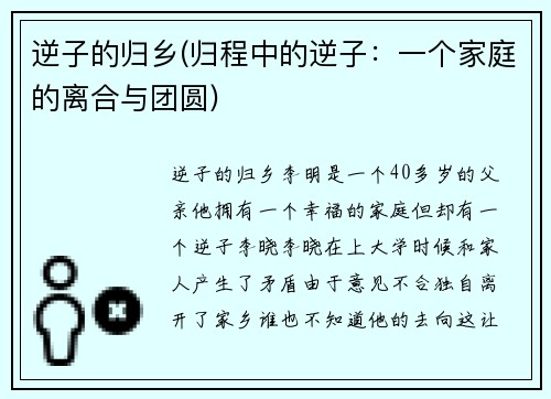 逆子的归乡(归程中的逆子：一个家庭的离合与团圆)